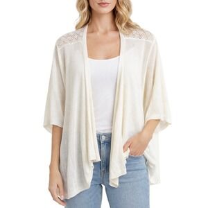 ELLE Cream Lace Trim Open Front Knit Cardigan‎ Sweater Women Size Medium